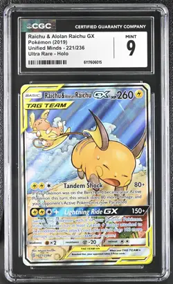 2019 Pokemon Unified Minds #221 Raichu & Alolan Raichu GX CGC 9 - Image 1