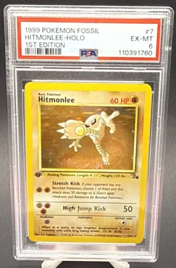 1999 Pokemon Fossil 1st Edition Hitmonlee 7/62 Holo Rare PSA 6 EX-MT - Image 1