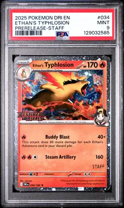 2025 POKEMON DRI EN-DESTINED RIVALS PRERELEASE-STAFF ETHAN'S TYPHLOSION PSA 9 - Image 1