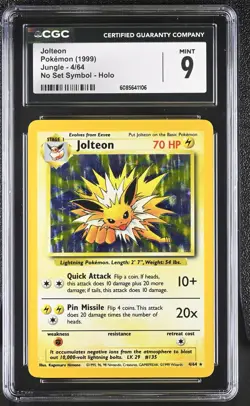 CGC 9 MINT Jolteon 1999 Jungle 4/64 No Set Symbol Holo Pokemon Card - Image 1