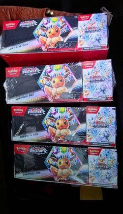 Pokemon Prismatic Evolutions Sam’s Surprise Box + Booster Bundle Sealed x4 Lot - Image 1