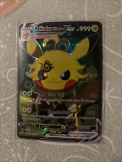 Pokemon TCG Meliodas Poncho Pikachu VCOS Cosplay Custom Full Art Shiny Holo Card - Image 1
