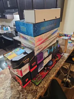 Pokemon Bulk Lot 15 Full ETBs 3 Full UPCs Full Cardboard Card Holder & More - Image 1