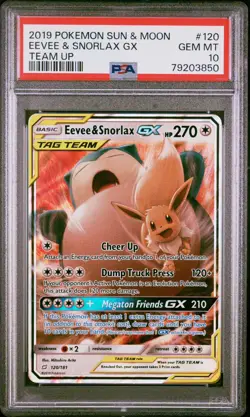 Pokemon TCG Eevee & Snorlax GX Sun Moon Tag Team Card 120/181 PSA 10 Gem MT - Image 1