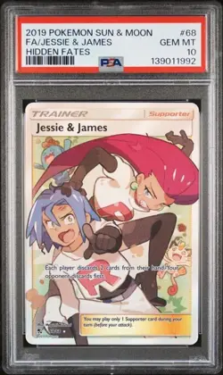 PSA 10 JESSIE & JAMES 68 HIDDEN FATES SUN & MOON TRAINER POKEMON GEM MINT - Image 1