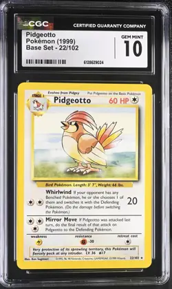 CGC 10 GEM MINT Pidgeotto 1999 Base Set 22/102 Pokemon Card Unlimited - Image 1