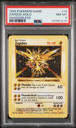 1999 POKEMON BASE SET SHADOWLESS #16 ZAPDOS-HOLO PSA 8 - Image 1