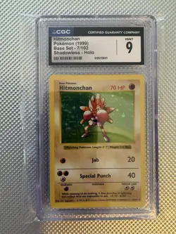 1999 Pokemon TCG Base Set Shadowless Hitmonchan Holo CGC 9 7/102 Card Stock - Image 1