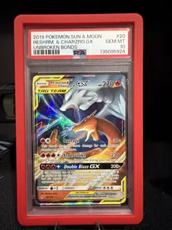 POKEMON SUN&MOON UNBROKEN BNDS #20 RESHIRM. & CHARIZARD GX PSA 10 Guard Included - Image 1