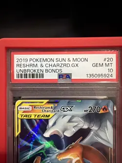 POKEMON SUN&MOON UNBROKEN BNDS #20 RESHIRM. & CHARIZARD GX PSA 10 Guard Included - Image 2