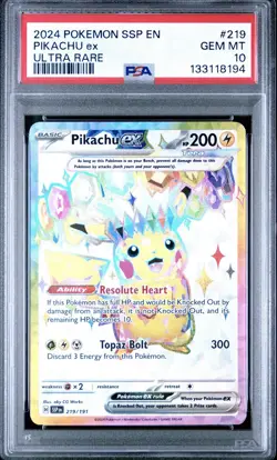 2024 POKEMON SSP EN-SURGING SPARKS ULTRA RARE #219 PIKACHU EX PSA 10 - Image 1