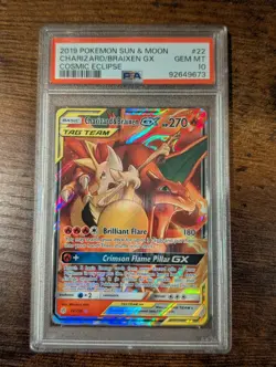 2019 POKEMON SUN & MOON COSMIC ECLIPSE #22 CHARIZARD & BRAIXEN GX PSA 10 - Image 1