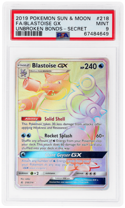 2019 Pokemon Sun and Moon Unbroken Bonds Blastoise Gx Secret Rare #218 PSA 9 - Image 1