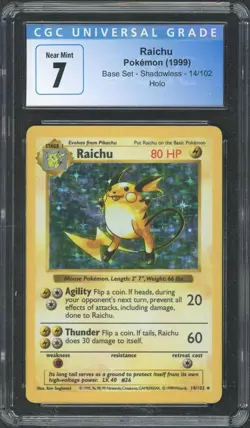1999 Pokemon Base Set Shadowless Raichu Holo 14/102 CGC 7 - Image 1