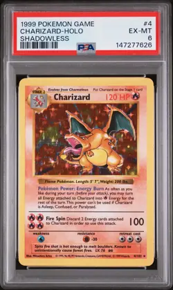 1999 POKEMON GAME SHADOWLESS #4 CHARIZARD-HOLO PSA 6 - Image 1