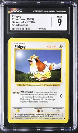 Pokemon Card Pidgey 57/102 Shadowless Base Set 1999 CGC 9 MINT - Image 1
