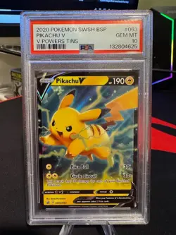 2020 Pokemon Pikachu V Sword & Shield Promo SWSH063 V Powers Tins PSA 10 - Image 1
