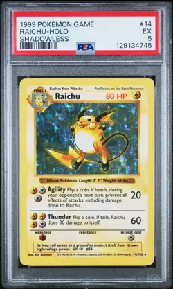 Pokemon 1999 Shadowless Holo Raichu #14 PSA 5 - Image 1
