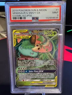 2019 Pokemon Venusaur & Snivy GX Tag Team Cosmic Eclipse 1 PSA 9 - Image 1