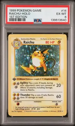 1999 POKEMON BASE SET 1ST EDITION #14 RAICHU-HOLO PSA 6 - Image 1