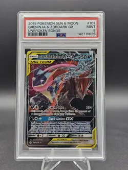 ◓Greninja & Zoroark GX 107/214 Unbroken Bonds 2019- Pokemon Full Art Holo PSA 9◓ - Image 1
