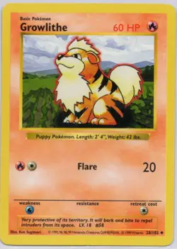 Growlithe 1999 Pokemon Base Set Shadowless No. 28/102 Uncommon Lightly Played - Image 1