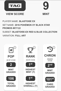 2016 POKEMON XY BLACK STAR PROMO #XY122 FULL ART/BLASTOISE EX TAG 9 - Image 3