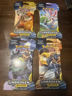 Pokemon Sun And Moon Unbroken Bonds Sleeved Booster Pack Art Set Of 4 Packs - Image 1