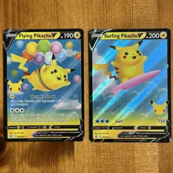Flying & Surfing Pikachu V, NM Holo Full Art Lot, Pokemon Celebrations TCG Cards - Image 1