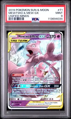🔹PSA 9 MINT🔹Mewtwo & Mew GX 71/236🔸Unified Minds 2019 Tag Team Pokemon TCG - Image 1