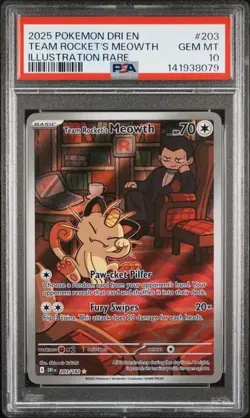 2025 POKEMON DESTINED RIVALS #203/182 TEAM ROCKET'S MEOWTH PSA 10 - Image 1