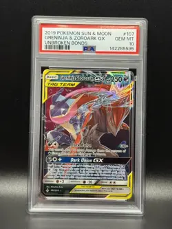 PSA 10 GEM MINT Greninja & Zoroark GX 107 Unbroken Bonds Pokemon Card - Image 1