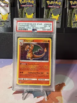 2019 Pokemon Promo Fall Chest Charizard Holo SM226 PSA 8 Swirl - Image 1