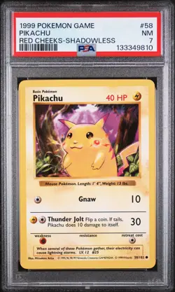1999 POKEMON BASE SET SHADOWLESS RED CHEEKS #58 PIKACHU PSA 7 - Image 1