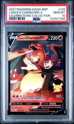 PSA 10 GEM MINT Pokemon Celebrations Lance’s Charizard V Promo Card SWSH133 - Image 1