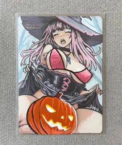 Magic MTG Altered Painted Swamp Witch Anime Girl by white_alters - Image 1