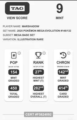 Pokemon TCG Marshadow Mega Evolution Illustration Rare Card 146/132 TAG Grade 9 - Image 3