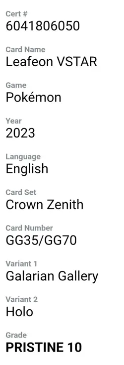Pokemon TCG Crown Zenith - Leafeon VSTAR GG35/GG70 - PRISTINE GEM MT 10 - Image 2