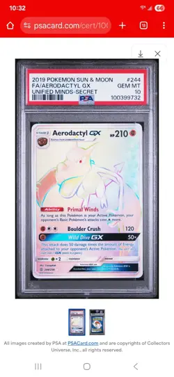 PSA 10 AERODACTYL GX 244/236 POKEMON UNIFIED MINDS 2019 S&M - Image 1