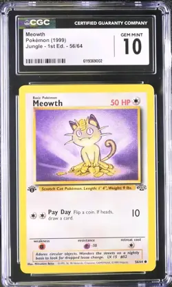 Pokemon Jungle 1st Edition Meowth 56/64 Non Holo CGC 10 GEM MINT - Image 1