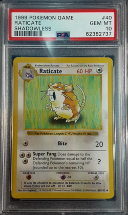 Pokemon Raticate Shadowless (POP: 133) PSA 10 Base Set 40/102 Vintage 1999 - Image 1