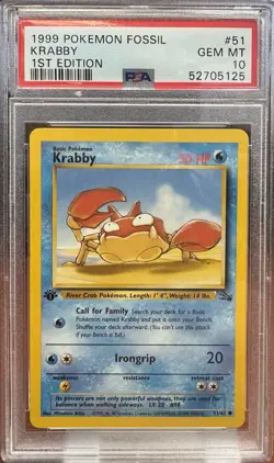 1999 POKEMON FOSSIL 1ST ED #51 KRABBY PSA 10 - Image 1
