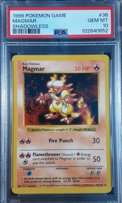 Pokemon Magmar Shadowless (POP: 167) PSA: 10 Base Set 36/102 Vintage 1999 WOTC - Image 1