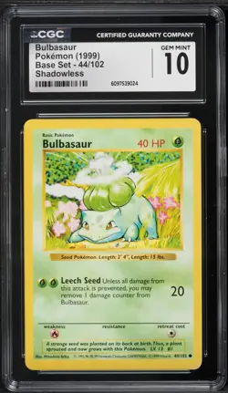1999 POKEMON BASE SET SHADOWLESS #44/102 BULBASAUR CGC 10 GEM MINT - Image 1