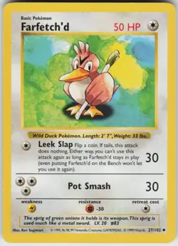 Pokemon TCG Farfetch'd 027/102 Base Set (Shadowless) Uncommon card Unlimited LP - Image 1