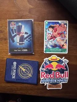 SEALED LUFFY RED BULL X ONE PIECE PRB02-005 PROMOTION CARD AND DOUBLE DON SET - Image 1