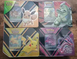 Pokemon Costco 4 V Tin Set Pikachu Eevee Tyranitar Eternatus Sealed - Image 1