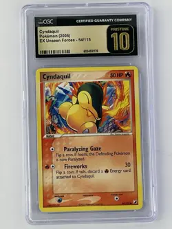 Cyndaquil CGC Pristine 10 Pokemon Card EX Unseen Forces 54/115 2005 Rare Low Pop - Image 1