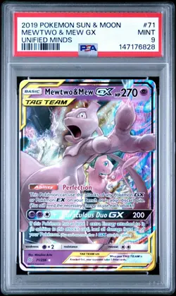 2019 Pokemon Sun & Moon Mewtwo & Mew Gx Unified Minds #71 PSA 9 Mint - Image 1
