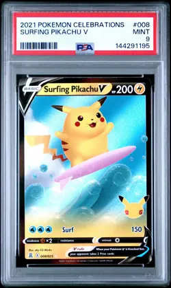 2021 POKEMON CELEBRATIONS #008 SURFING PIKACHU V PSA 9 - Image 1